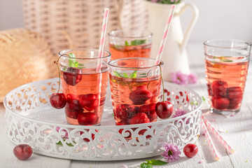 Fresh lemonade with sweet cherries and mint.