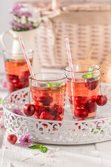 Homemade lemonade with sweet cherries and mint.