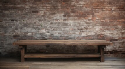 Fototapeta na wymiar Rustic wood table against weathered brick backdrop. Generative AI