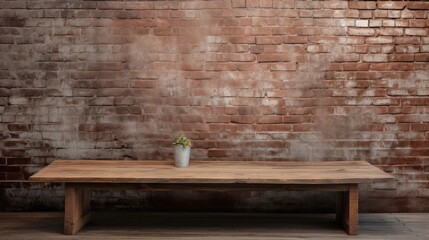 Rustic wood table against weathered brick backdrop. Generative AI