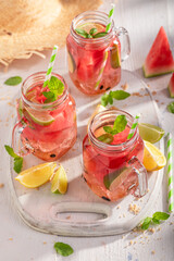 Fresh lemonade with sugar, mint and ice.