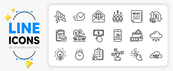 Idea, Payment click and Money wallet line icons set for app include Smartphone statistics, Time, Cloud computing outline thin icon. Checklist, Saving electricity, Pickup pictogram icon. Vector © blankstock