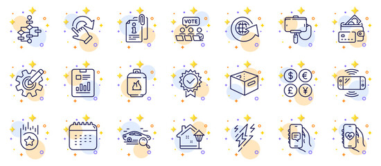 Fototapeta na wymiar Outline set of Health app, Cogwheel and Money currency line icons for web app. Include Online voting, Lightning bolt, Gas cylinder pictogram icons. Chat app, Loyalty star, Certificate signs. Vector