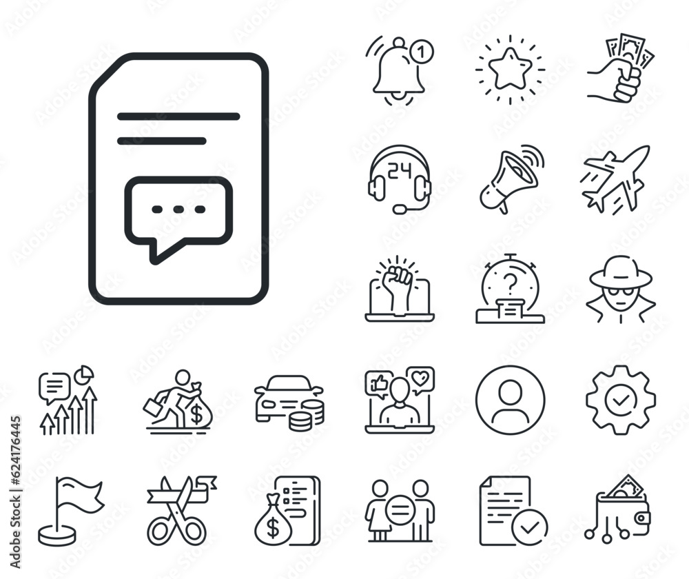 Poster information file with speech bubble sign. salaryman, gender equality and alert bell outline icons. d