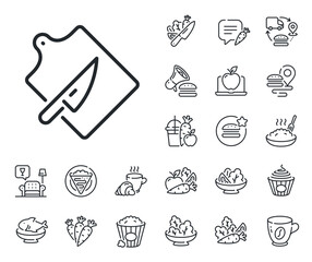 Cutlery sign. Crepe, sweet popcorn and salad outline icons. Cutting board line icon. Cooking knife symbol. Cutting board line sign. Pasta spaghetti, fresh juice icon. Supply chain. Vector