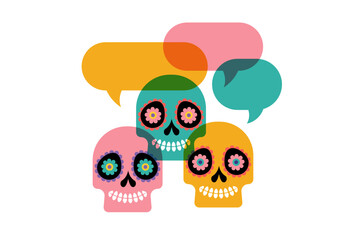 Colorful skulls with speech bubbles, Mexican sugar skulls for Day of the dead, dia de los muertos. Vector illustration