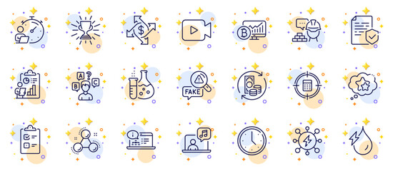 Outline set of Timer, Ranking stars and Certificate line icons for web app. Include Online documentation, Calculator target, Hydroelectricity pictogram icons. Payment exchange, Trophy. Vector