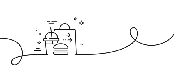 Food delivery line icon. Continuous one line with curl. Cheeseburger with Soft drink sign. Catering service symbol. Food delivery single outline ribbon. Loop curve pattern. Vector