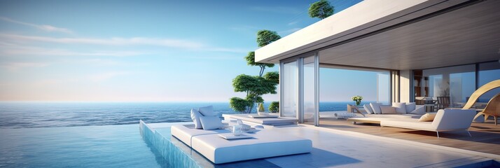  banner summer luxury estate villa with large swimming pool, Luxury modern estate property on hill with stunning sea view, Summer vacation, tourism, copyspace, generative ai - obrazy, fototapety, plakaty