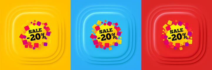 Sale 20 percent off banner. Neumorphic offer banner, flyer or poster. Discount sticker shape. Coupon bubble icon. Sale 20 percent promo event banner. 3d square buttons. Special deal coupon. Vector