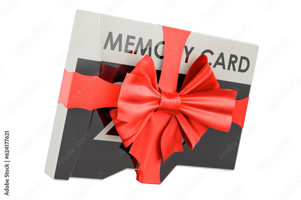 Aufkleber memory card with red ribbon and bow, present concept. 3d rendering