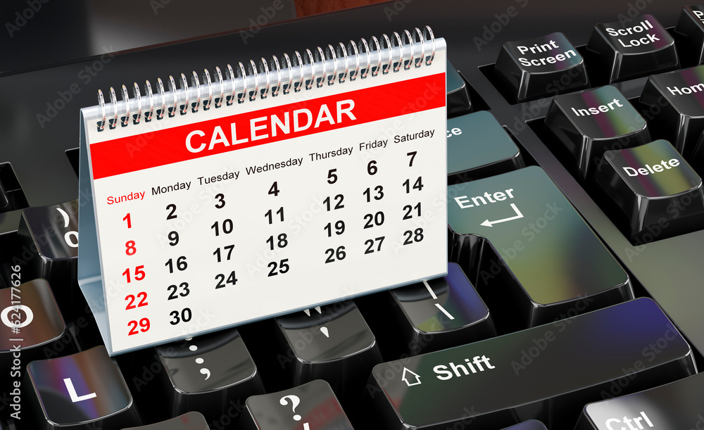 Poster desk calendar on the keyboard, 3d rendering
