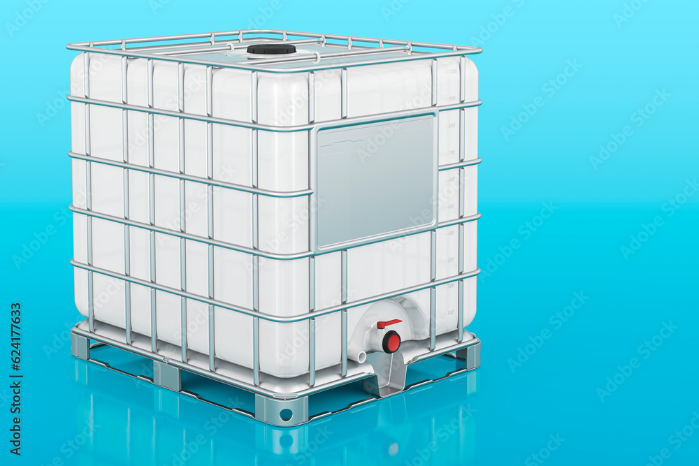 Poster intermediate bulk container on blue background, 3d rendering
