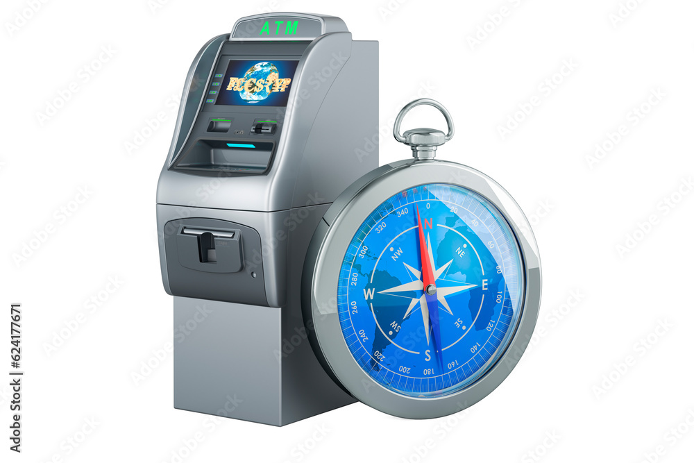 Poster compass with atm machine, 3d rendering