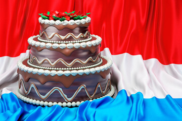 Chocolate cake on the Luxembourgish flag background, 3D rendering