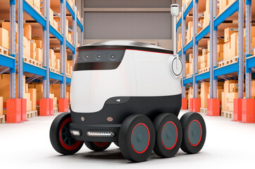 Naklejka premium Autonomous robot in storehouse, delivery concept. 3D rendering