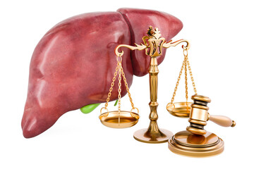 Human liver with wooden gavel and scales of justice. 3D rendering