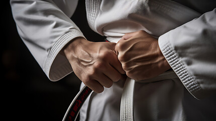 Fighter tightening karate belt. Martial Arts and Extreme Sports. © Unique Creations
