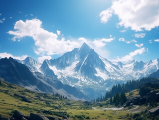 Breathtaking Midday Majesty: Panoramic Image of Pristine Mountain Landscape