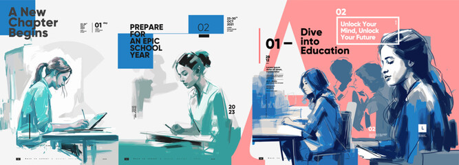 Back to School. First day of school. Set of vector illustrations. People are reading a book. Typography poster design and vectorized watercolor illustrations on a background. 