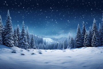 Winter landscape with trees & snowflakes