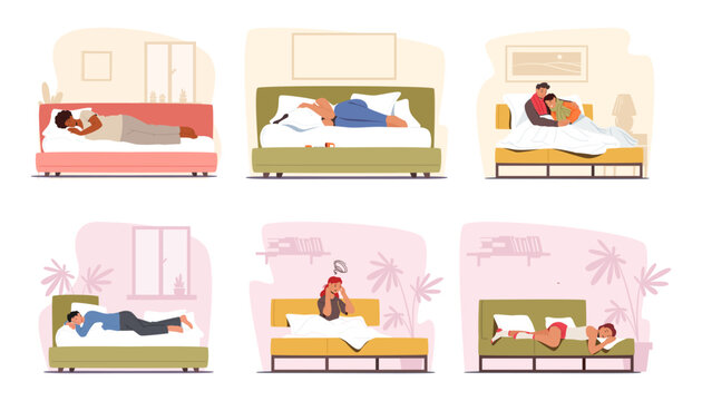 Set Of Characters Lying In Bed, Creating A Cozy And Intimate Scene. Men And Women Resting, Cuddling, Crying