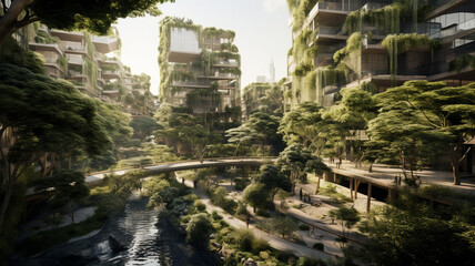 Naklejka premium Biophilic urbanism concept, showcasing the integration of natural elements within urban environments. The necessity of creating sustainable, green spaces amidst urban development