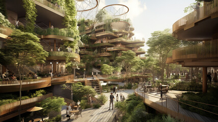 Fototapeta premium Biophilic urbanism concept, showcasing the integration of natural elements within urban environments. The necessity of creating sustainable, green spaces amidst urban development