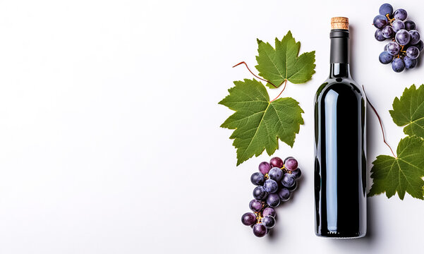 Bottle of red wine with ripe grapes and  vine leaves on white background. Copy space, top view.