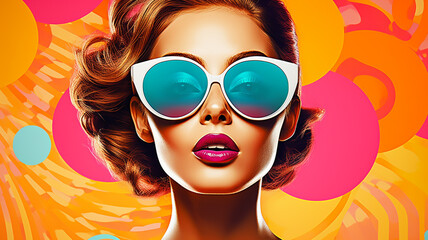 Fashion woman with trendy sunglasses. Retro style pop art poster background banner digital...