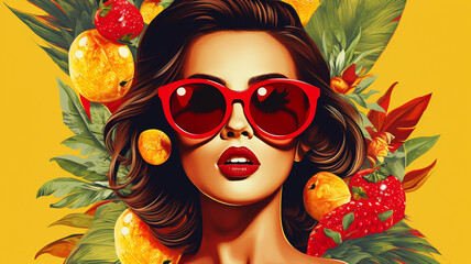 Fashion woman with trendy sunglasses. Retro style pop art poster background banner digital...