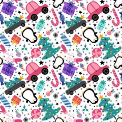 Cartoon Christmas animals seamless penguin and candy and gift box pattern for wrapping paper and fabrics