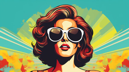 Pop art fashion woman with trendy sunglasses. Retro style poster collage. Digital Illustration