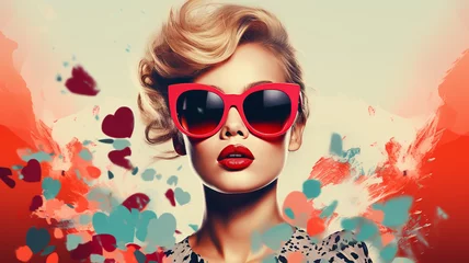 Fashion woman with trendy sunglasses. Retro style pop art poster background banner digital Illustration © Visual Studio
