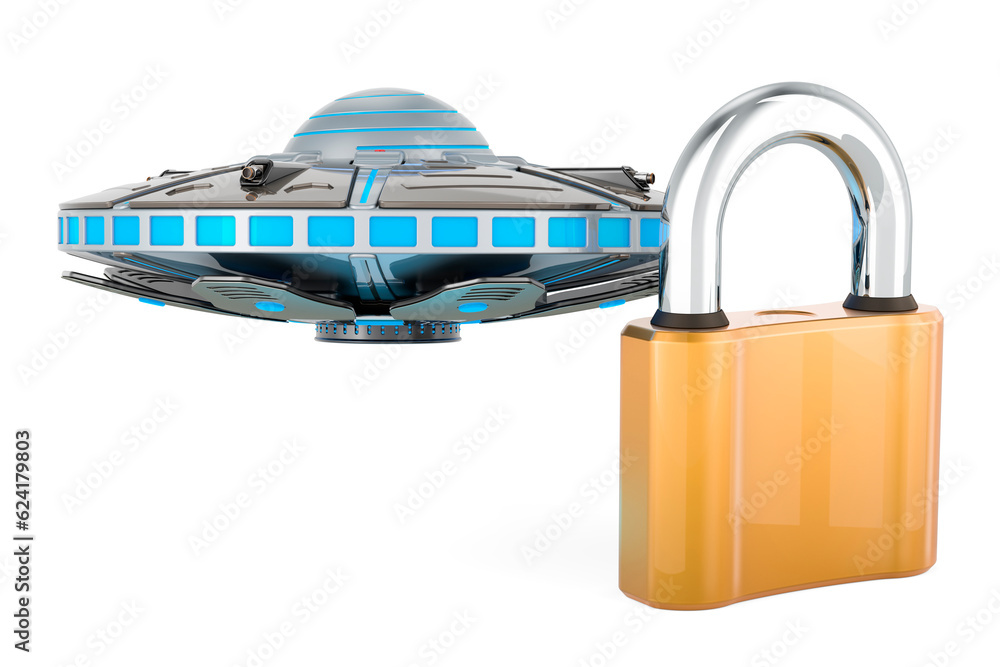 Poster ufo with padlock. 3d rendering