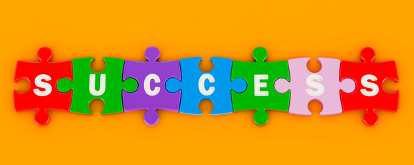 Success concept from colored puzzles on orange backdrop, 3D rendering