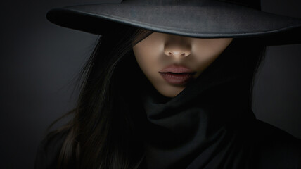Mysterious Portrait of a Woman Wearing a Black Hat