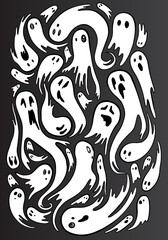 Spooky Halloween Ghosts. Black and White Vector Spirits with Scary and Cute Faces. Monster Character Collection
