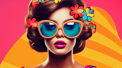 Summer poster travel. Fashion woman wearing trendy sunglasses. retro style pop art background