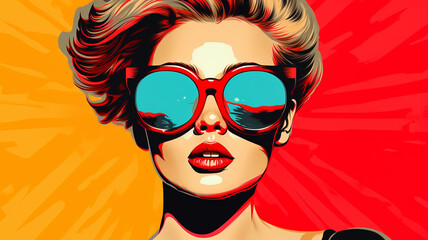 Summer poster travel. Fashion woman wearing trendy sunglasses. retro style pop art background - obrazy, fototapety, plakaty
