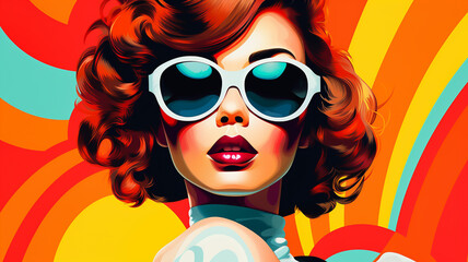 Summer poster travel. Fashion woman wearing trendy sunglasses. retro style pop art background