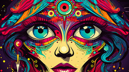 Beautiful woman with big eyes and magical symbols. Esoteric background pop art retro style