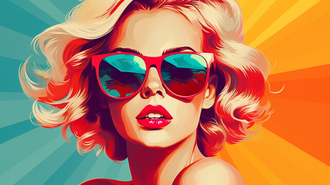 Fototapeta Summer poster travel. Fashion woman wearing trendy sunglasses. retro style pop art background