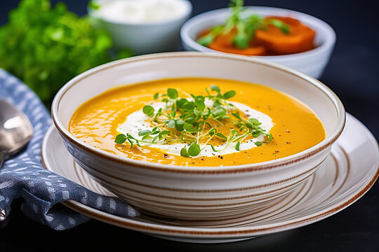 Carride carrot soup with cream and fresh herbs in a white plate, restaurant serving. Generative AI.