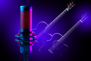 Fototapeta na wymiar Musical equipment. Guitars for musician. Professional microphone. Condenser micro. Two guitars for band artists. Musical background. Audio equipment. Microphone for recording songs in dark