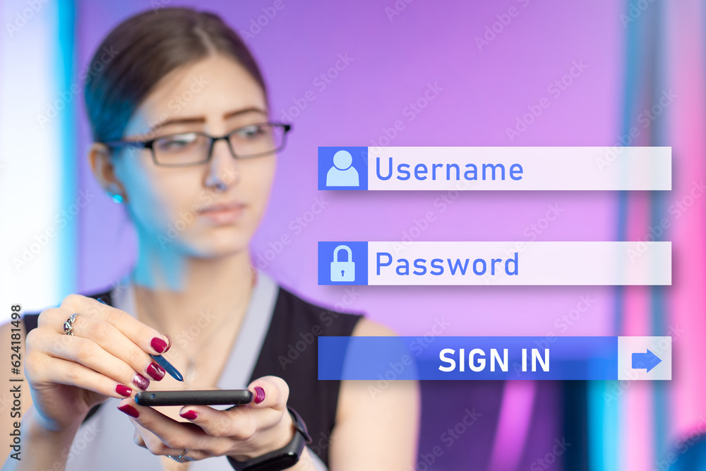 Aufkleber woman is being identified. form with username and password. businesswoman enters access data. need f