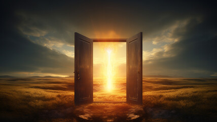 Light of sunset shining trough open door in field landscape at day, concept of new goals and progress