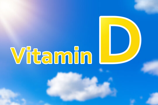 Vitamin d. Biologically active substance. Vitamins d logo in sky. D1 drug for immunity. D2 health supplement. Vitamin d derived from sunlight. Synthesis D4. Cholecalciferol, ergocalciferol. 3d image
