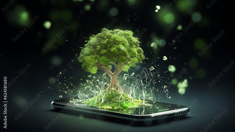 Wall mural digital green tree on mobile phone, innovation and sustainability concept