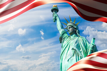 Statue of liberty. Symbol of American democracy. USA flag on sky background. US tourist attraction....